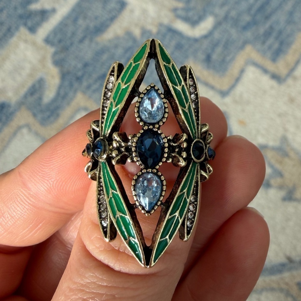 Vintage Enamel Art Deco Ring – Blue Crystal Gold Statement Jewelry - Picture 4 of 11